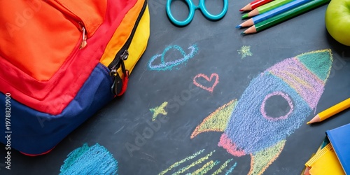 School Supplies and Backpack Are on a Table With Apples and Colored Pencils i...