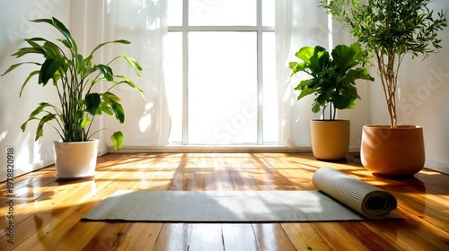 Indoor Room With Yoga Mat and Sunlight Shining Through the Window in the Morning