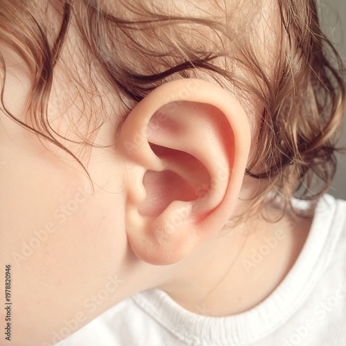 Close-up of a baby's ear and soft skin, surrounded by curly, light brown hair, suggesting innocence and childhood