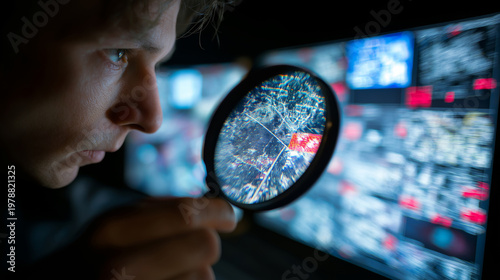 A person analyzes digital data on a screen through a magnifying glass