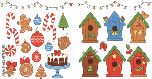 Christmas Decoration and Birdhouse Set with Candy Cane, Cookies, Ornaments, Cake and Festive Holiday Elements Flat Vector Illustration Collection