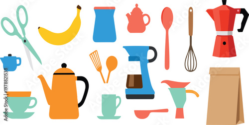 Coffee and Kitchen Tools Icon Set with Teapot, Moka Pot, Cups, Scissors, Spoon, Whisk and Brewing Equipment Flat Vector Collection