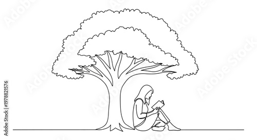 Continuous single line drawing of a girl reading a book under a large tree.