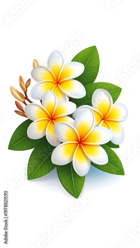 Vibrant bouquet of blossoms features white petals with yellow centers. Lush green leaves and small buds accent the delicate floral arrangement