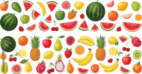 Colorful Tropical and Fresh Fruit Set with Watermelon, Banana, Pineapple, Apple, Orange, Strawberry and More Flat Vector Illustration Collection for Healthy Food Design