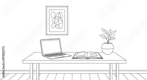 Minimalist hand drawn line art illustration of a workspace desk with laptop and open book.