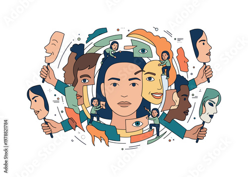 Abstract illustration of diverse faces and masks representing identity and perception