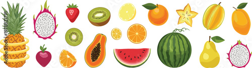 Colorful Tropical Fruit Set with Pineapple, Dragon Fruit, Kiwi, Papaya, Watermelon, Orange and Starfruit Flat Vector Illustration Collection for Healthy Food Design