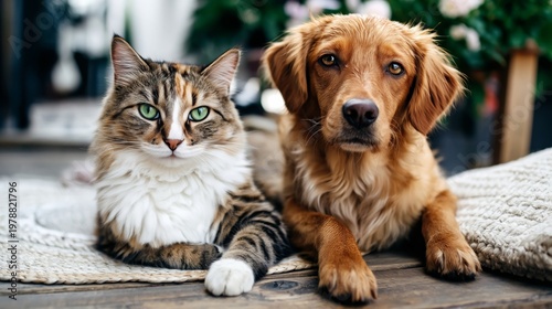 Cats and Dogs Relax Together in a Cozy Space With Plants and Soft Mats During...