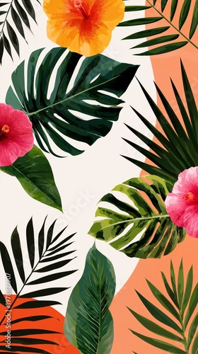 Colorful Tropical Leaves and Flowers Arranged in a Pattern on a Light Background