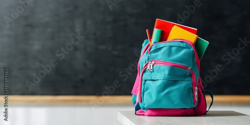 Backpack Filled With School Supplies on Wooden Floor in Classroom Setting
