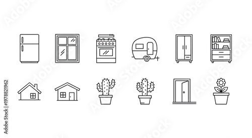 A collection of simple linear icons depicting household items furniture and domestic plants