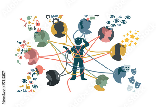 Overwhelmed individual entangled in a complex web of connections and information