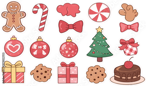 Cute Christmas Elements Sticker Set with Gingerbread, Candy Cane, Ornaments, Tree, Gifts and Cookies Cartoon Flat Vector Illustration Collection for Holiday Design