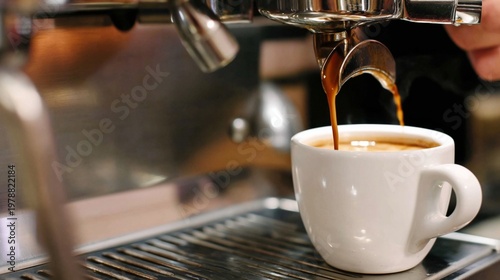 Coffee Brewing Process at a Cafe With Espresso Machine Pouring Into White Cups