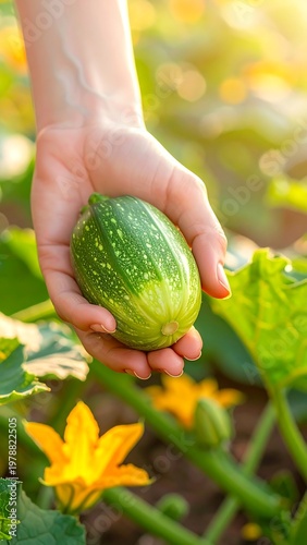 Close-up of a hand gently holding a newly harvested, vibrant green squash, with leaves and flowers blurred in background
