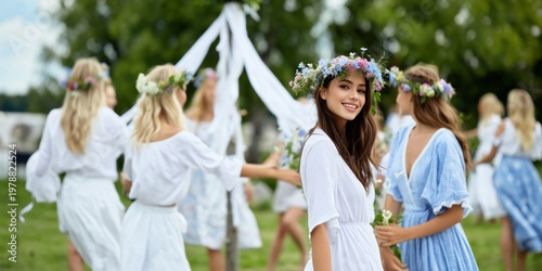 Dancers in Traditional Clothing Celebrating During a Spring Festival in a Vib...