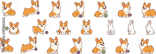 Cute Corgi Dog Playing Set with Different Poses and Ball Activities Cartoon Puppy Collection Flat Vector Illustration for Pet and Animal Design