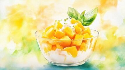 Vibrant watercolor illustration of a refreshing mango dessert bowl with creamy base, diced fruit, and green garnish on a colorful background