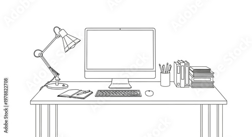 Minimalist hand drawn sketch of a modern office desk setup.