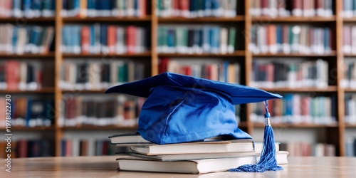 Graduation Cap on Stacked Books in Library Setting During Daytime