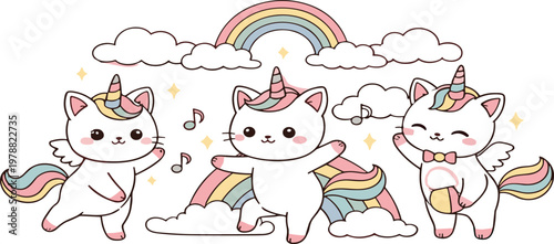 Cute Unicorn Cat Character Set with Rainbow, Wings and Magic Elements Cartoon Kawaii Animal Collection Flat Vector Illustration for Fantasy Design
