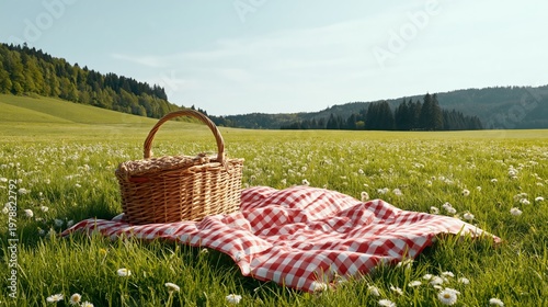 Picnic Basket on Blanket in Green Field Surrounded by Flowers on Sunny Day