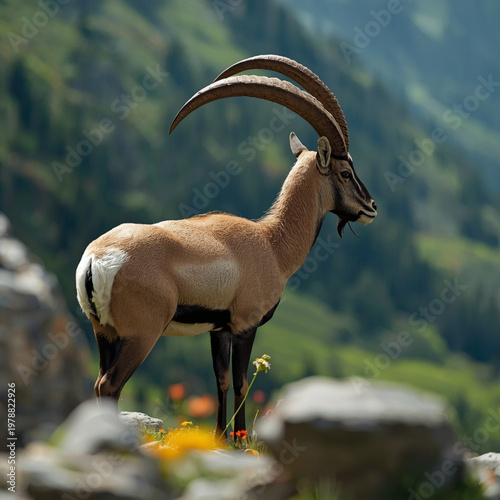Ibex Standing on Rocky Mountain with Curved Horns