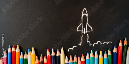 Colorful Pencils Arranged Neatly With a Rocket Drawing on a Blackboard Backgr...
