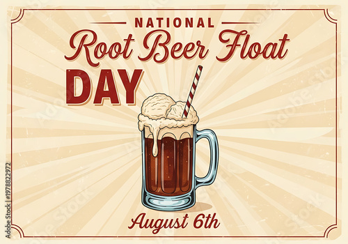 National Root Beer Float Day August 6th celebration with a glass of root beer and ice cream  vintage style poster