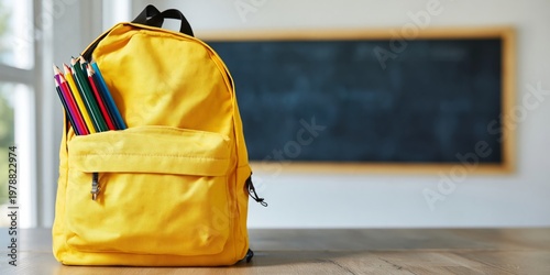 School Supplies Ready on a Wooden Desk in a Classroom Setting
