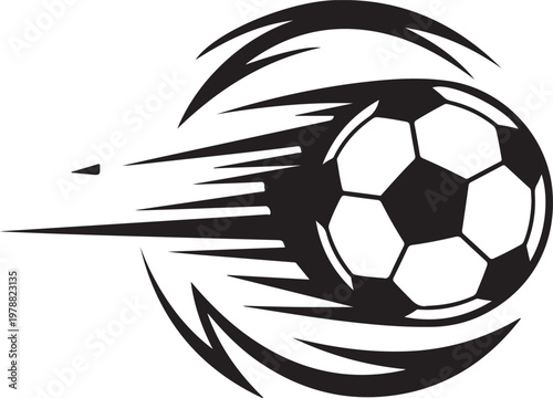 Dynamic soccer ball flying with motion trails, black and white football vector icon, athletic sports competition logo