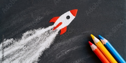 Chalk Drawing of a Rocket With Colored Pencils on a Blackboard at a Classroom...