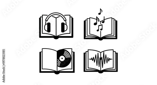 Graphic illustrations of books with media symbols.