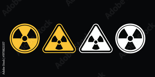 Radiation hazard sign set, vector illustration of radioactive symbols round and triangle warning signs for radiation area alert safety and hazard communication.