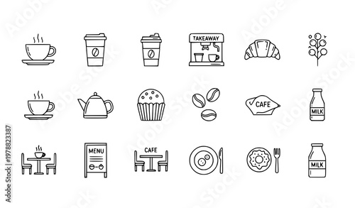 Coffee Shop and Cafe Icon Set Breakfast Beverage Minimal Line Art Vector