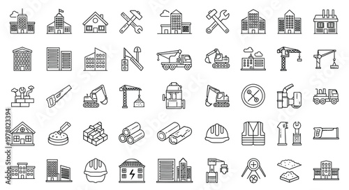 A collection of thin line icons representing construction buildings tools and heavy machinery