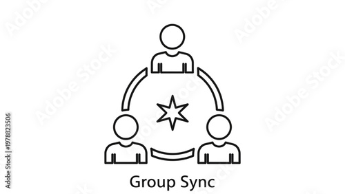 Teamwork Collaboration Icon: Three People in Connected Circle with Central Star for Team Building, Unity, Leadership, and Group Synergy Line Art