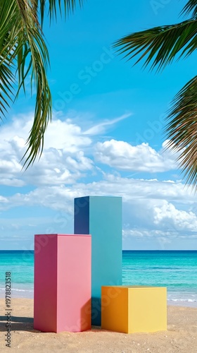 Colorful Blocks on a Beach With Palm Trees and Blue Sky During Midday