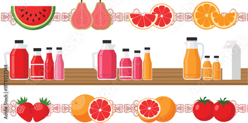 Fresh Juice Bottles and Fruit Set with Strawberry, Orange, Grapefruit, Watermelon and Tomato Flat Vector Illustration Collection for Healthy Drink Design
