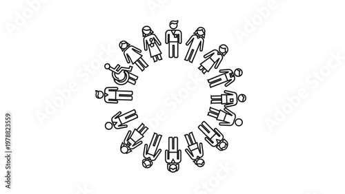 Equal Opportunity Icon: Diverse Group of Figures in a Circle for Diversity and Inclusion, HR Equity, Workplace Unity, and Social Fairness Line Art