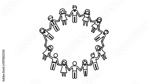 Equal Opportunity Icon: Diverse Group of Figures in a Circle for Diversity and Inclusion, HR Equity, Workplace Unity, and Social Fairness Line Art