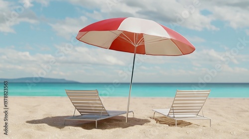 Sunny Beach With Two Chairs and a Red Umbrella Near the Ocean