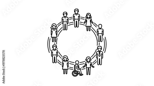 Equal Opportunity Icon: Diverse Group of Figures in a Circle for Diversity and Inclusion, HR Equity, Workplace Unity, and Social Fairness Line Art
