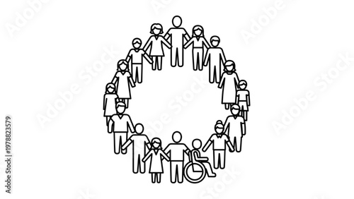 Equal Opportunity Icon: Diverse Group of Figures in a Circle for Diversity and Inclusion, HR Equity, Workplace Unity, and Social Fairness Line Art