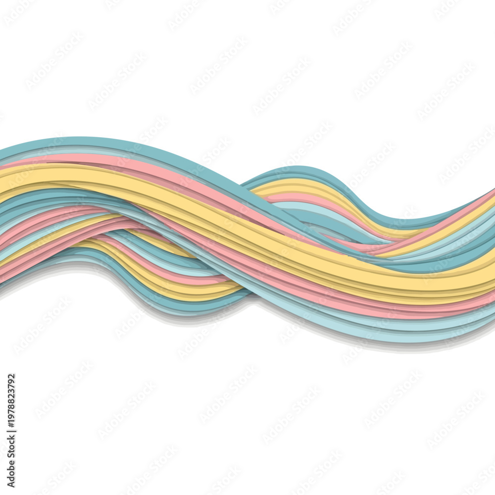 Fototapeta premium Abstract wavy lines in pastel colors creating a flowing, layered design on a white background.