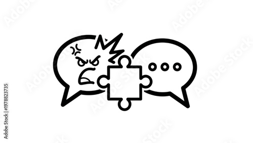 Conflict Resolution Icon: Two Speech Bubbles with Puzzle Piece for Mediation, Problem Solving, HR Management, and Office Communication Line Art Vector