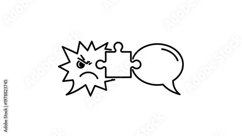 Conflict Resolution Icon: Two Speech Bubbles with Puzzle Piece for Mediation, Problem Solving, HR Management, and Office Communication Line Art Vector