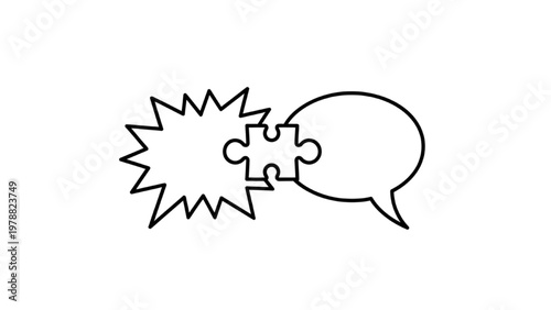 Conflict Resolution Icon: Two Speech Bubbles with Puzzle Piece for Mediation, Problem Solving, HR Management, and Office Communication Line Art Vector
