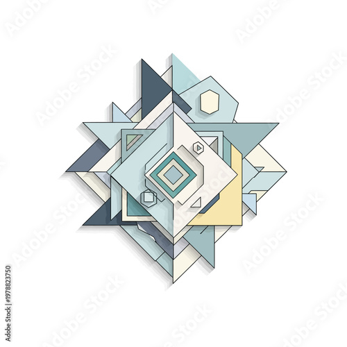 Abstract geometric composition with layered polygons in cool tones, creating a modern, crystalline design.